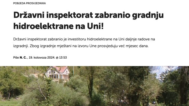 STATE INSPECTORATE PROHIBITED CONSTRUCTION OF HPP ON UNA